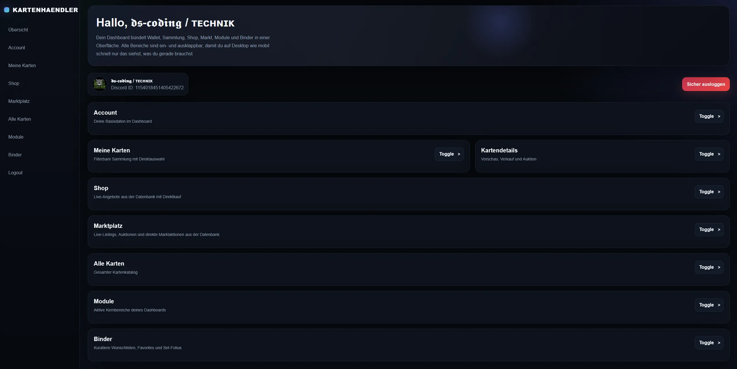 Detailansicht eines Discord-Bot-Dashboards mit Einstellungen und Funktionen