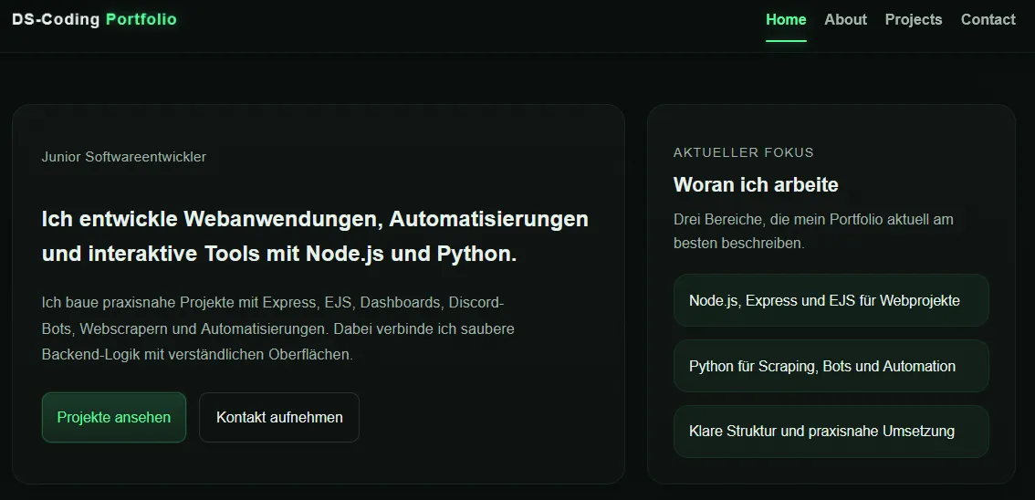 Screenshot der Portfolio Web App mit Startseite und Projektkarten