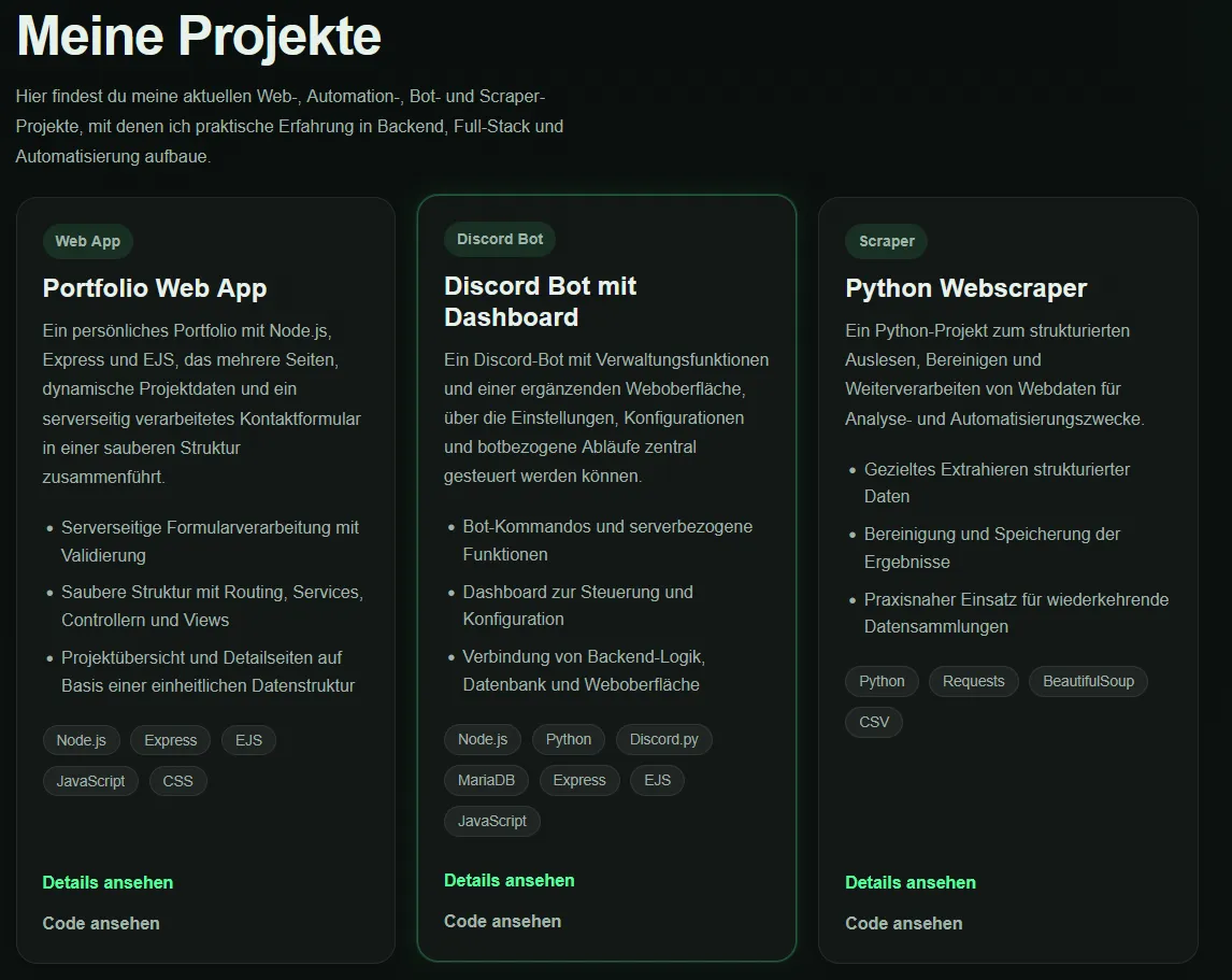 Screenshot der Projektübersicht mit mehreren Projektkarten
